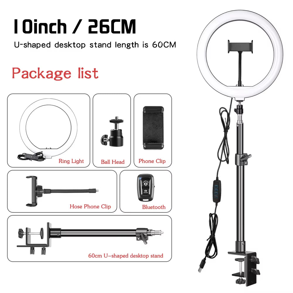 10" LED Ring Light with Tripod Stand Selfie Ring Light Photography Lighting for Photo Studio Youtube Make up Video