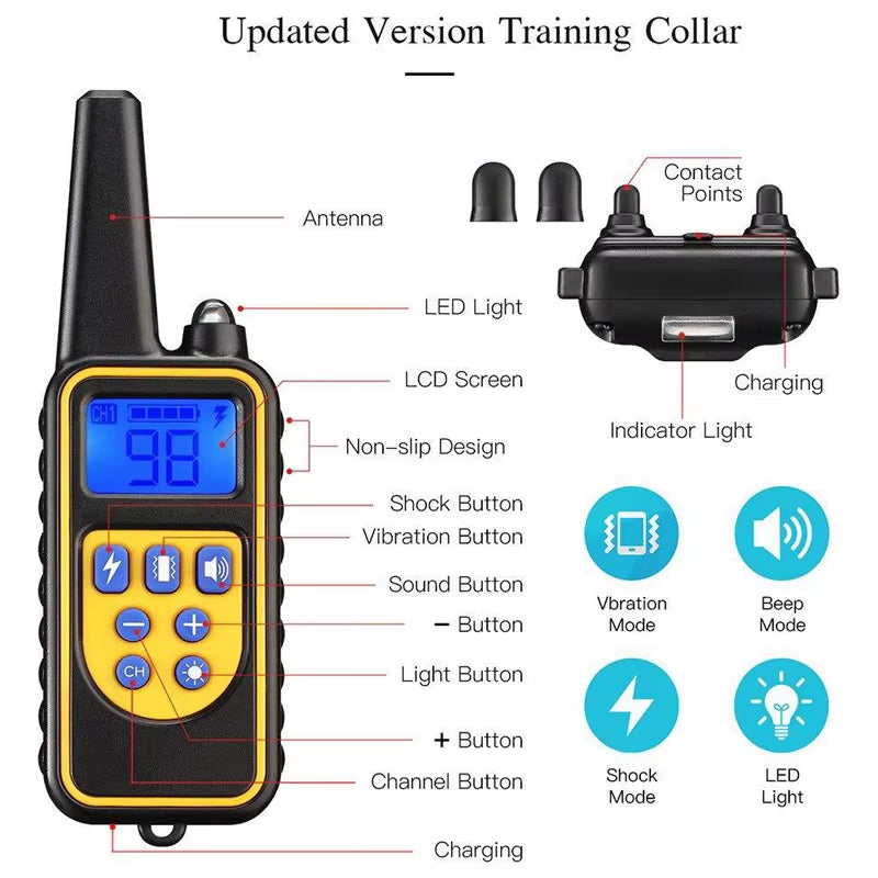 Electric Dog Trainer and Bark Stop Device Dog Training Collar Rechargeable Remote Control IP67 Waterproof Suitable for Dogs of Multiple Sizes