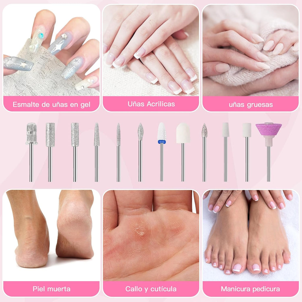 Torno Para Uñas Profesional 20000RPM - Limas De Uñas Electrica Profesionales - 12 En 1 Lima Electrica Uñas Nail Drill Machine De Gel Acrílico Natural Recargable (Oro)