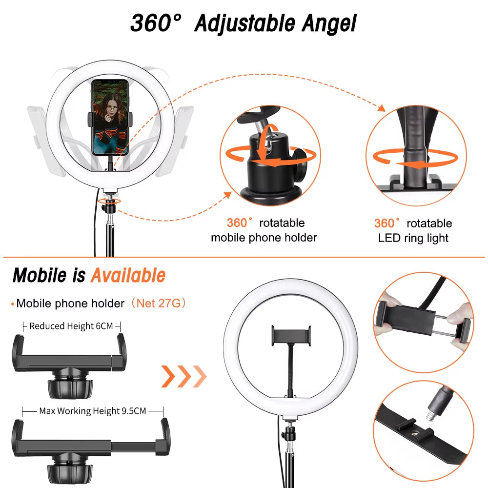 10" LED Ring Light with Tripod Stand Selfie Ring Light Photography Lighting for Photo Studio Youtube Make up Video