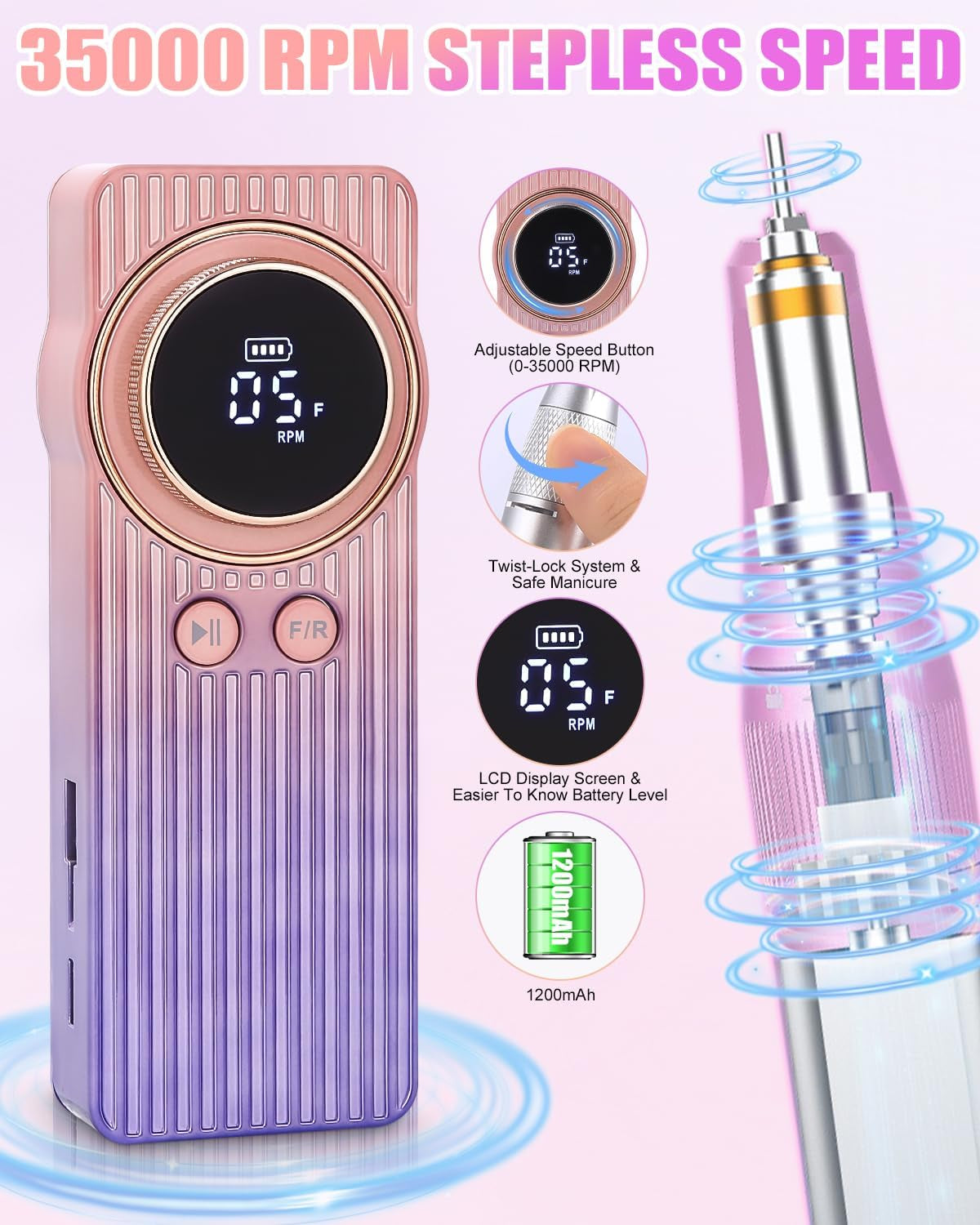 Torno Para Uñas,35000Rpm Lima Electrica Uñas, Velocidad Ajustable, Torno Uñas Profesional, Torno Uñas,Molinillo De Uñas Eléctrico Para Gel O Acrilicas, Torno Para Uñas Profesional